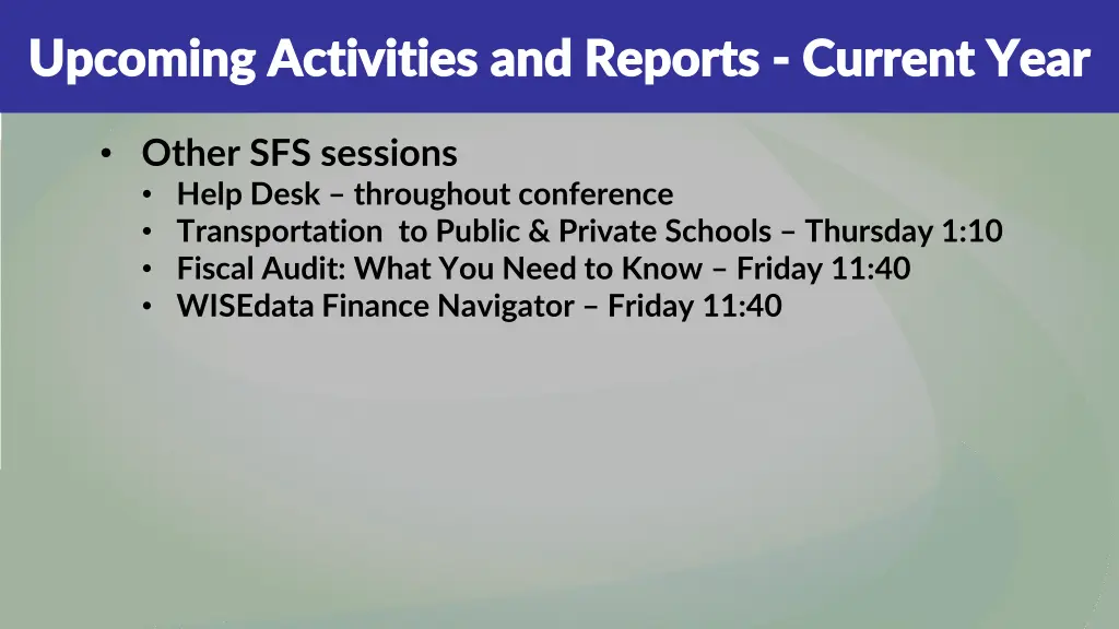 upcoming activities and reports upcoming 1