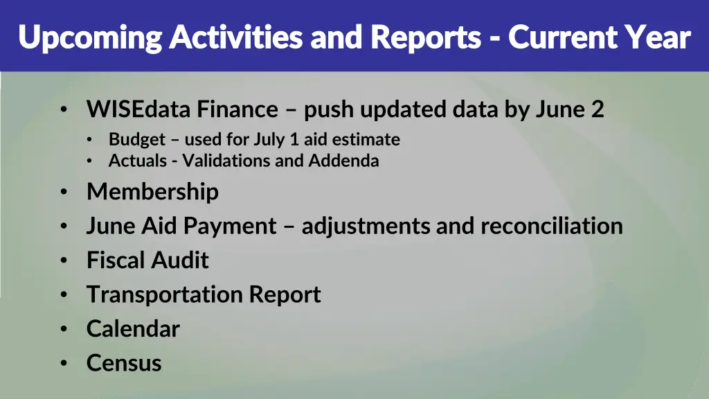 upcoming activities and reports upcoming