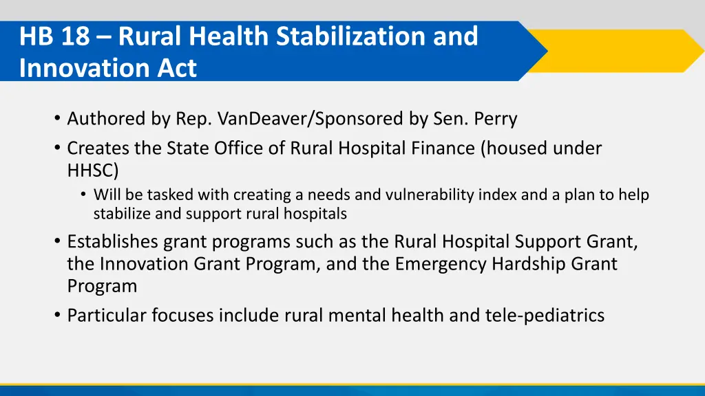 hb 18 rural health stabilization and innovation