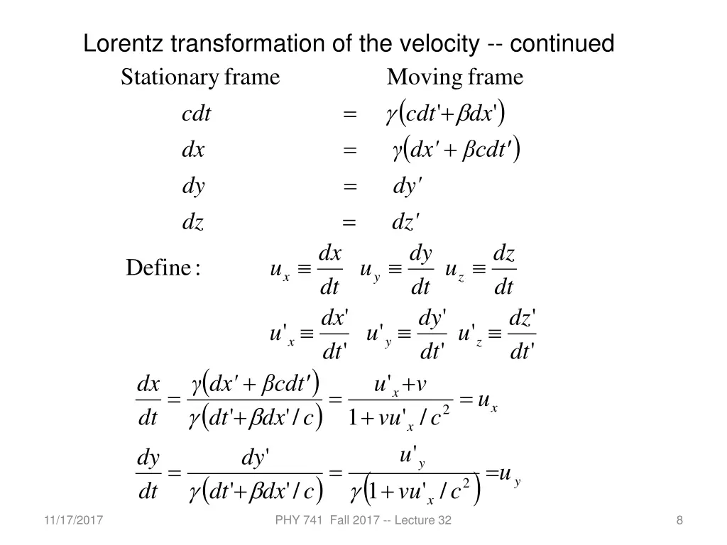 lorentz transformation of the velocity continued