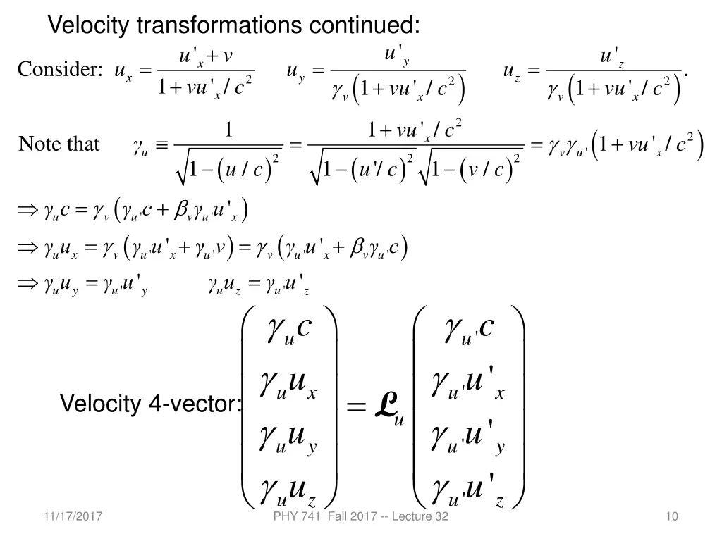 velocity transformations continued consider 1 x vu