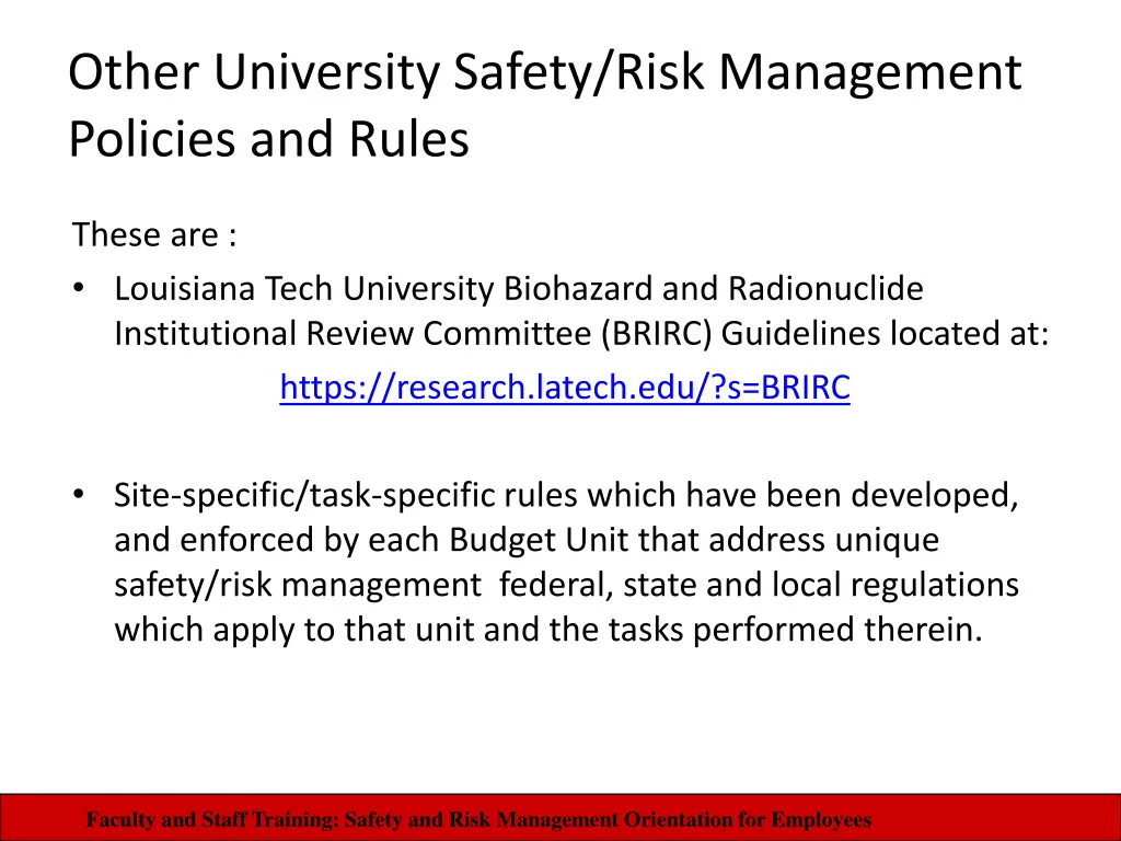 other university safety risk management policies