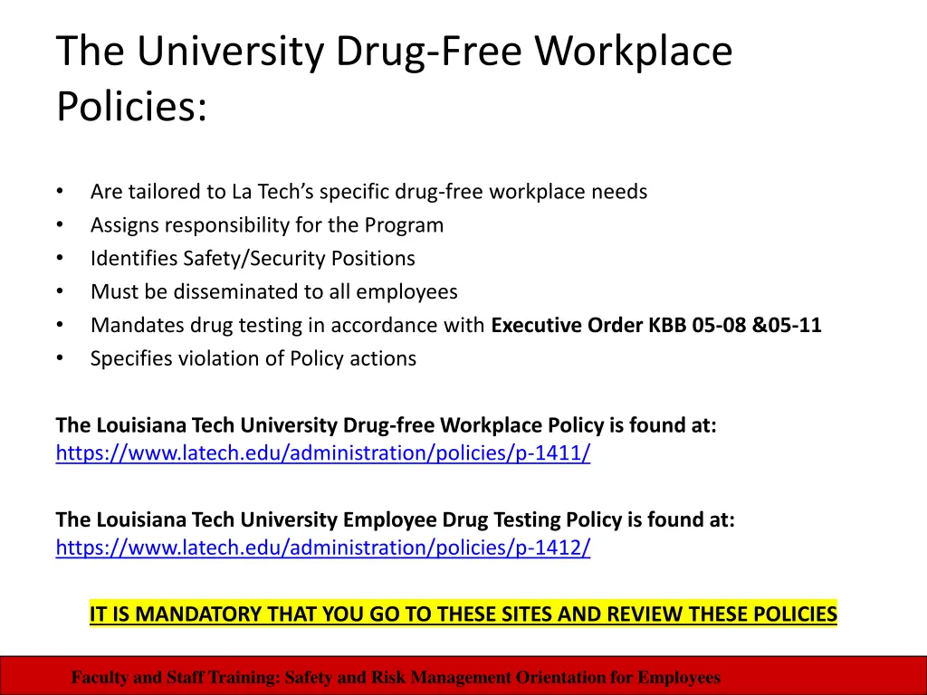 the university drug free workplace policies