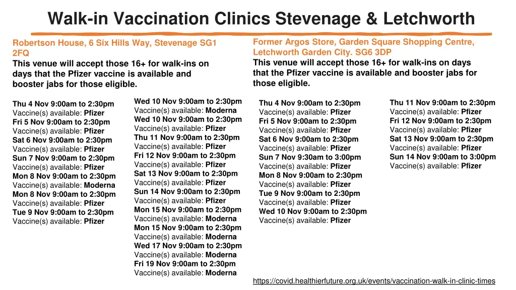walk in vaccination clinics stevenage letchworth