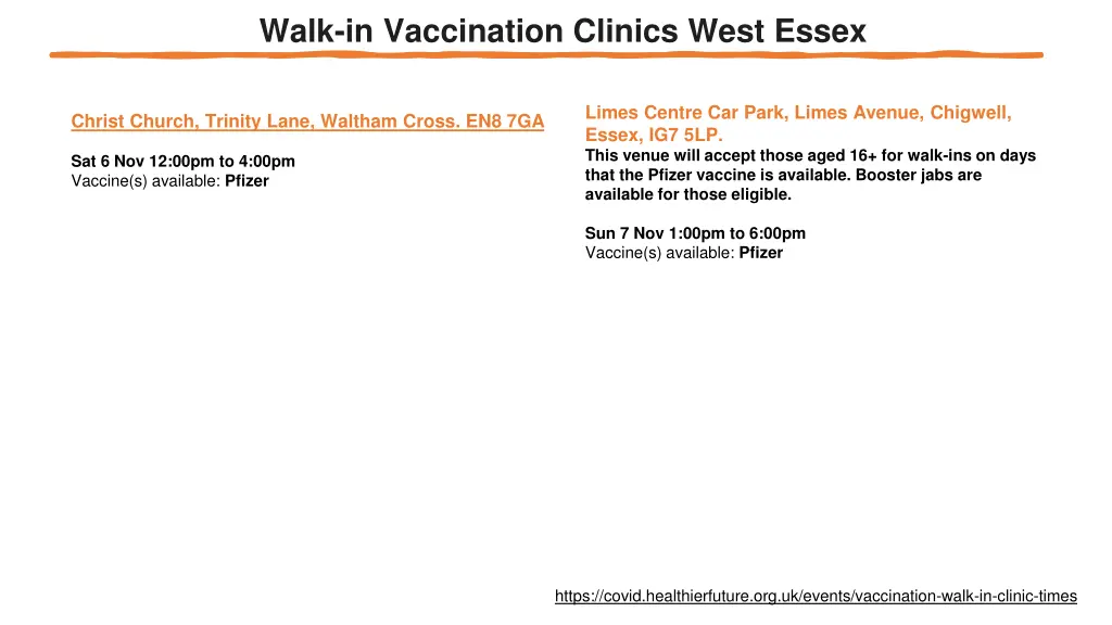 walk in vaccination clinics west essex