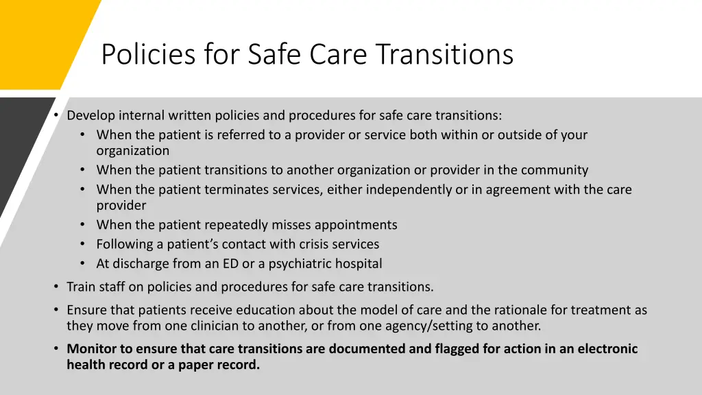 policies for safe care transitions