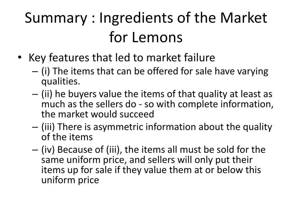 summary ingredients of the market for lemons