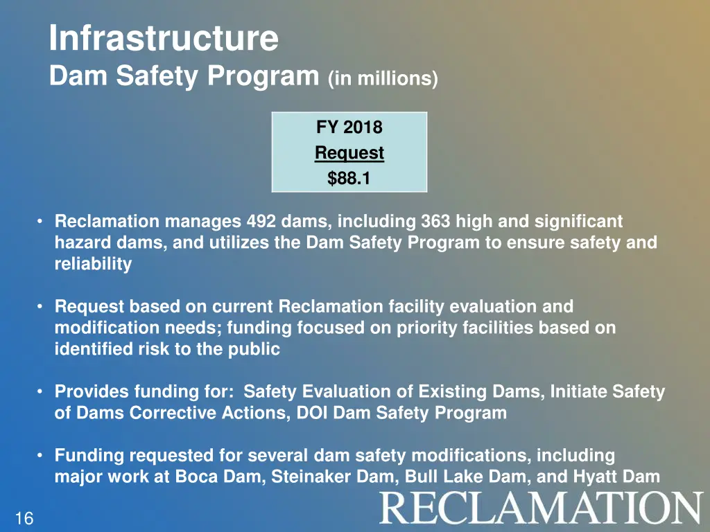 infrastructure dam safety program in millions