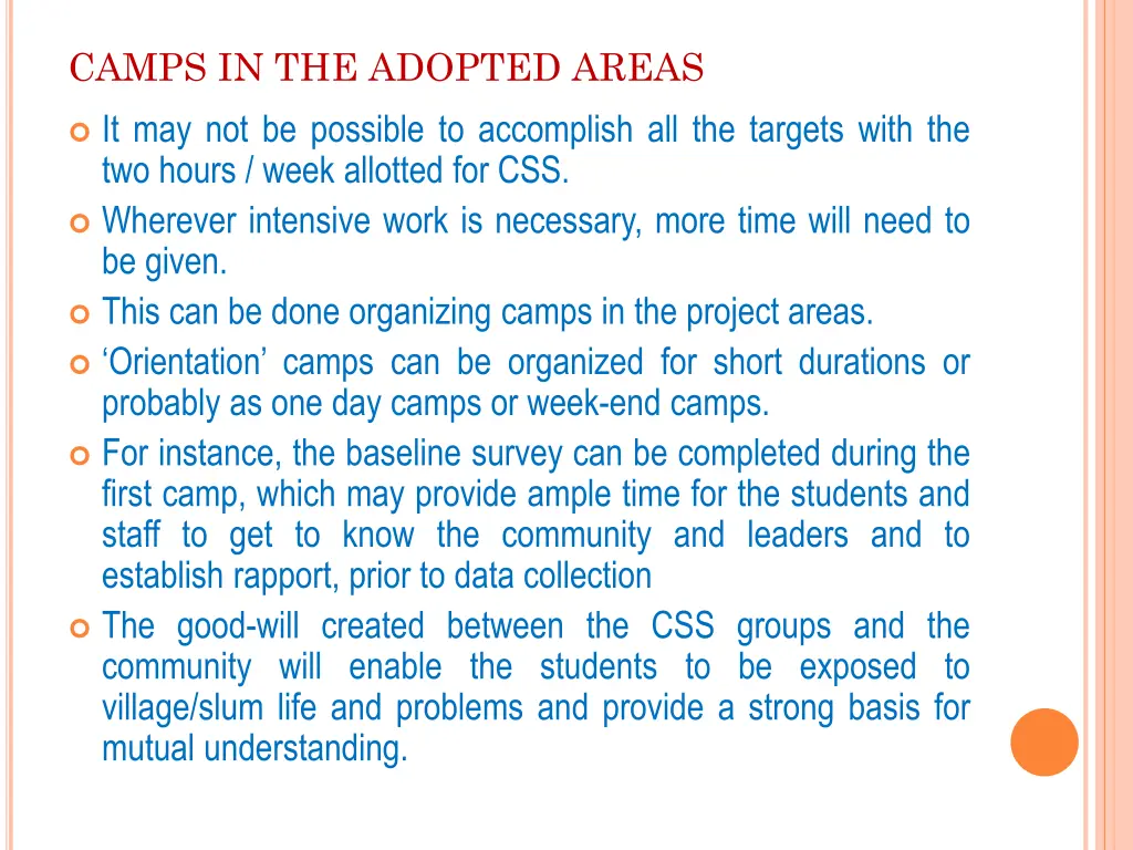 camps in the adopted areas