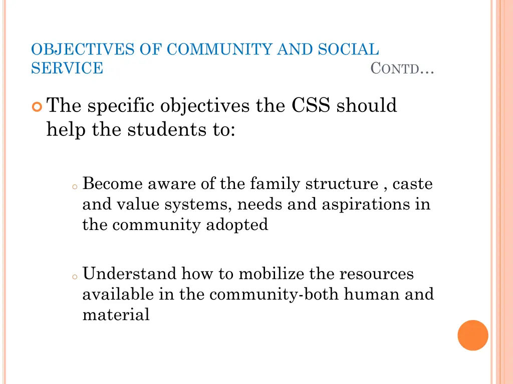 objectives of community and social service 1