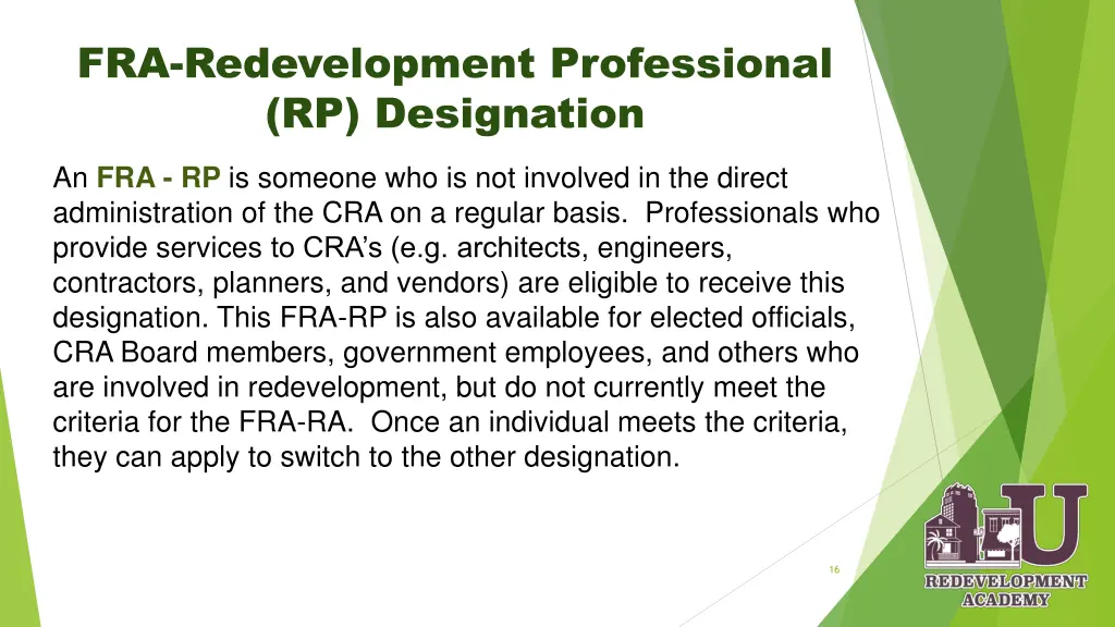 fra redevelopment professional rp designation