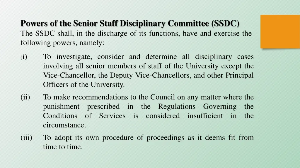 powers of the senior staff disciplinary committee