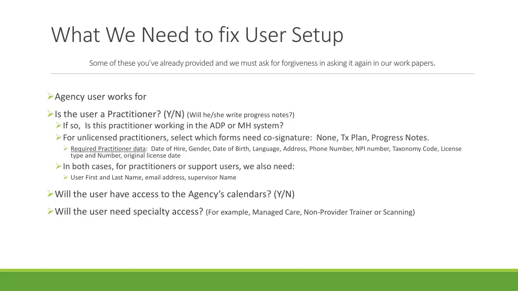 what we need to fix user setup