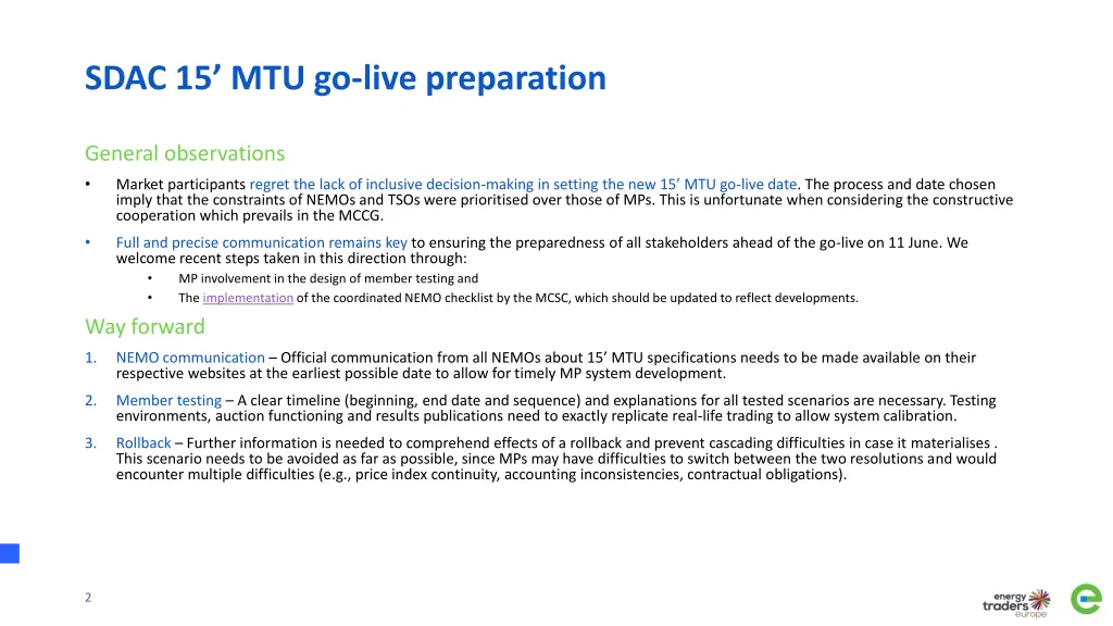 sdac 15 mtu go live preparation