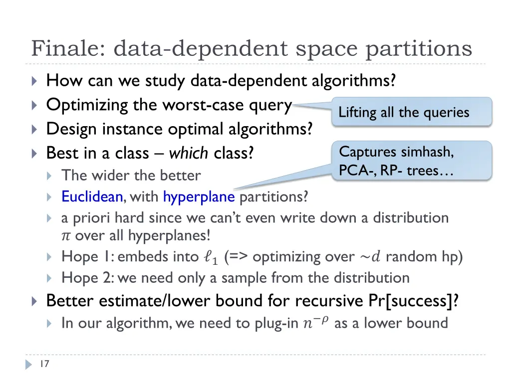 finale data dependent space partitions