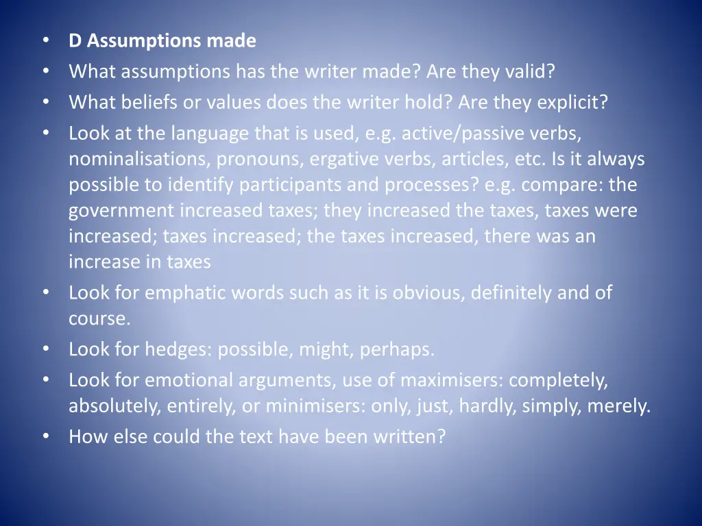 d assumptions made what assumptions