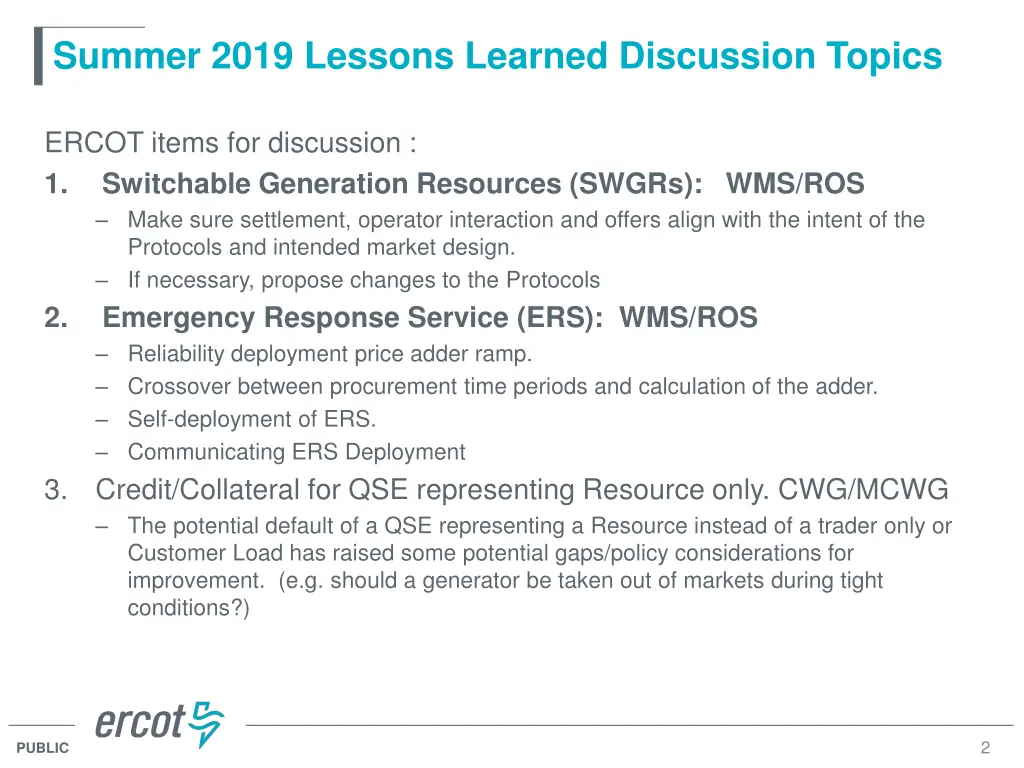 summer 2019 lessons learned discussion topics 1