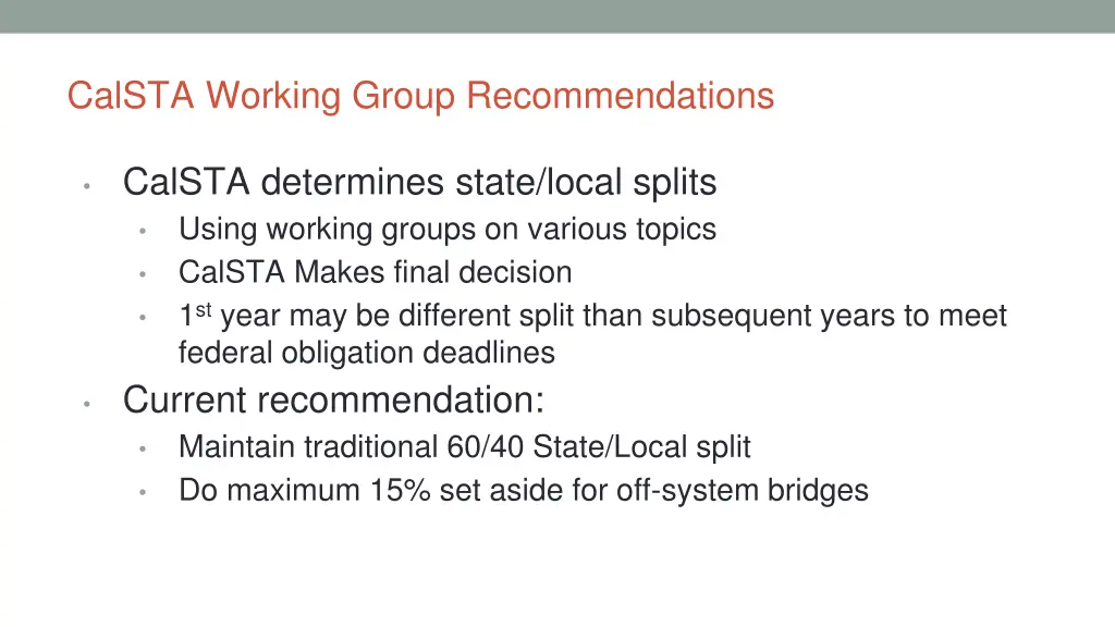 calsta working group recommendations