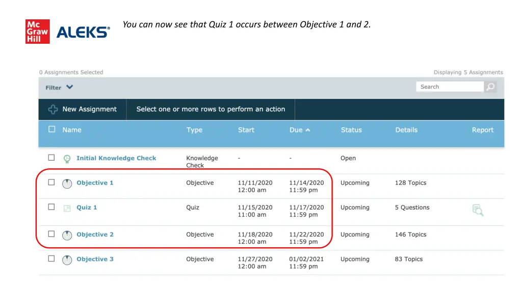 you can now see that quiz 1 occurs between