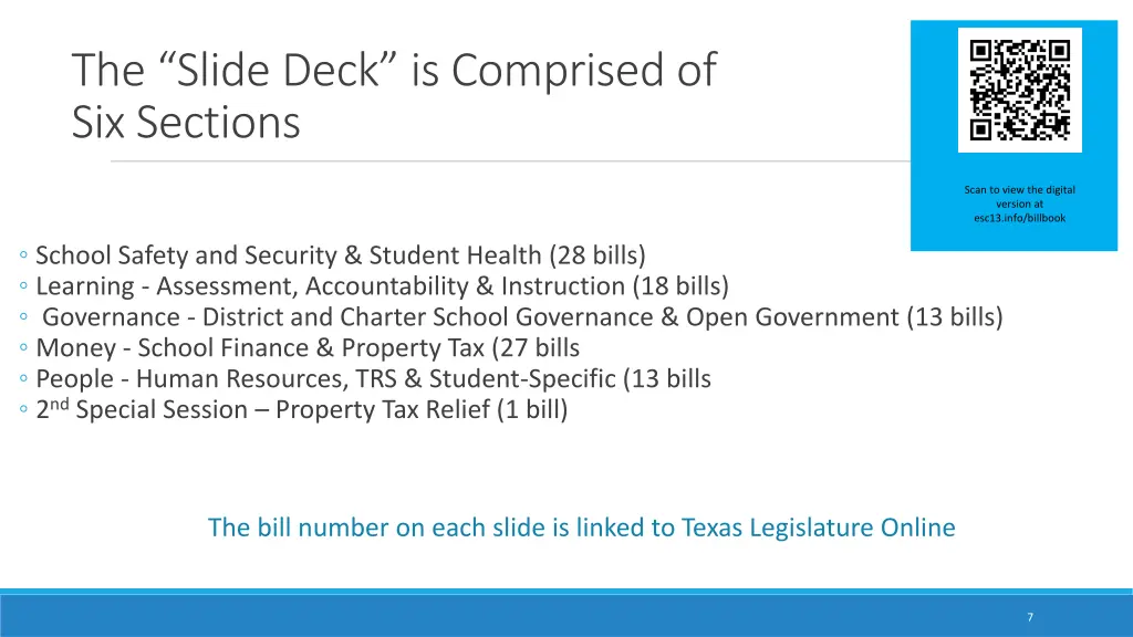 the slide deck is comprised of six sections