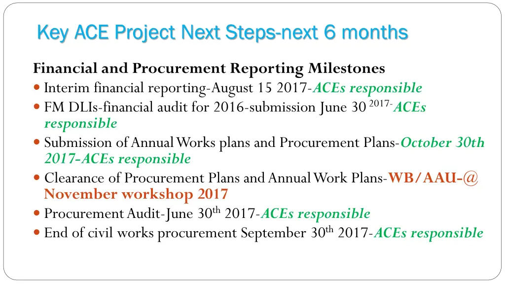 key ace project next steps next 6 months