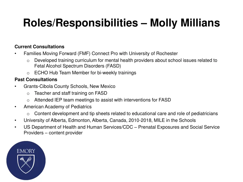roles responsibilities molly millians