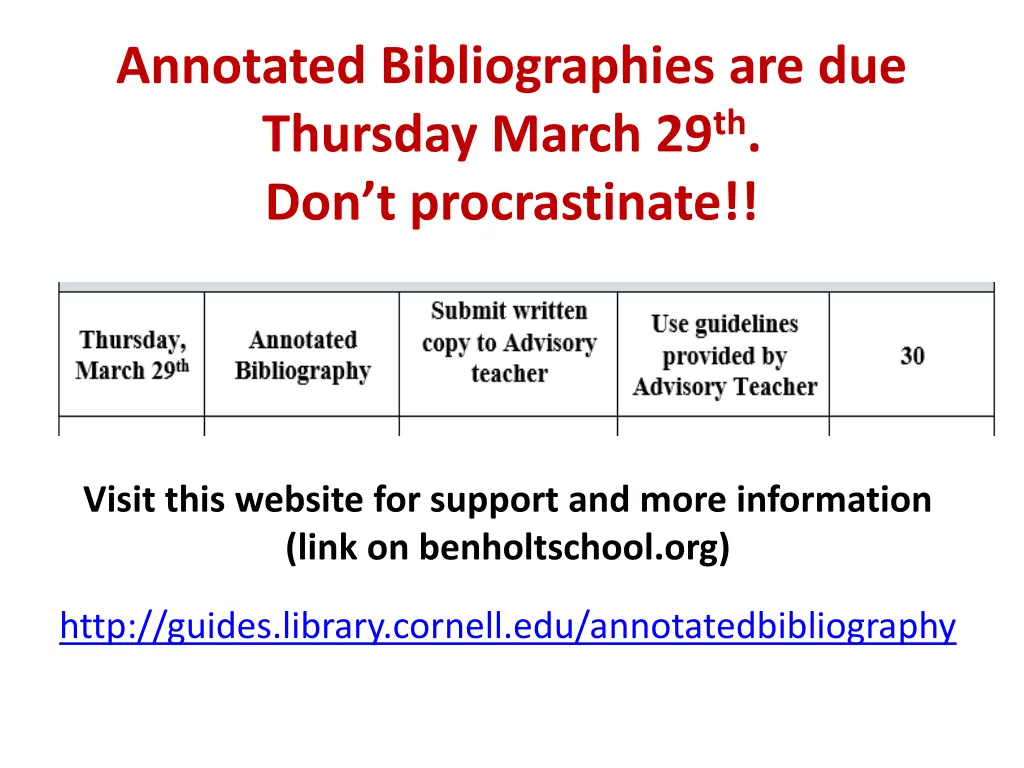 annotated bibliographies are due thursday march