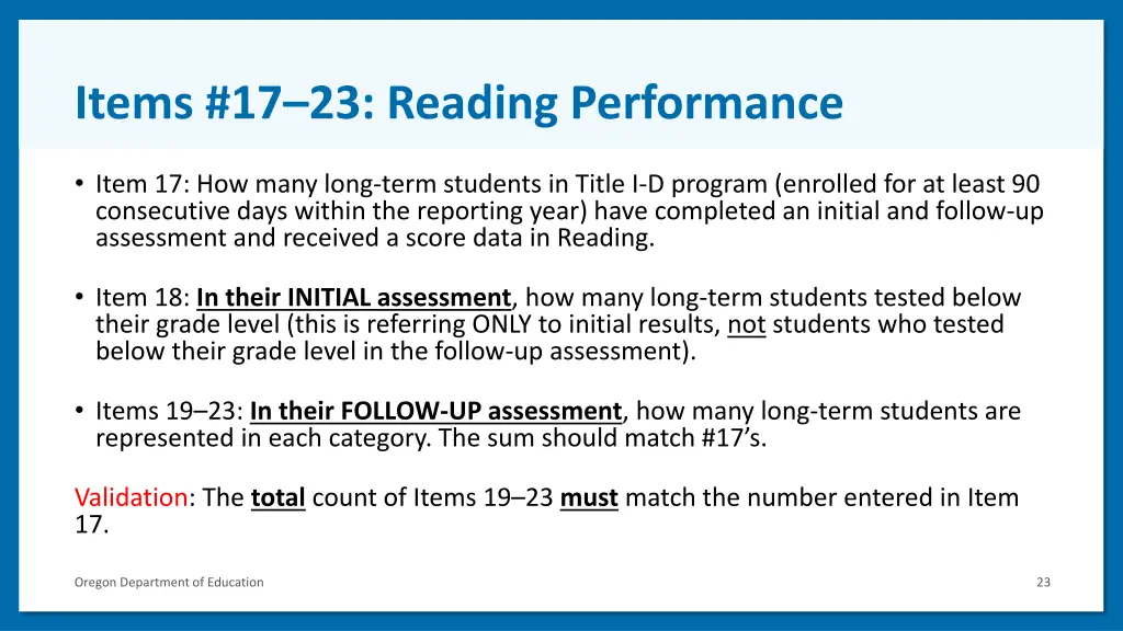 items 17 23 reading performance