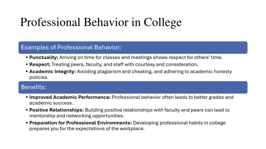 professional behavior in college