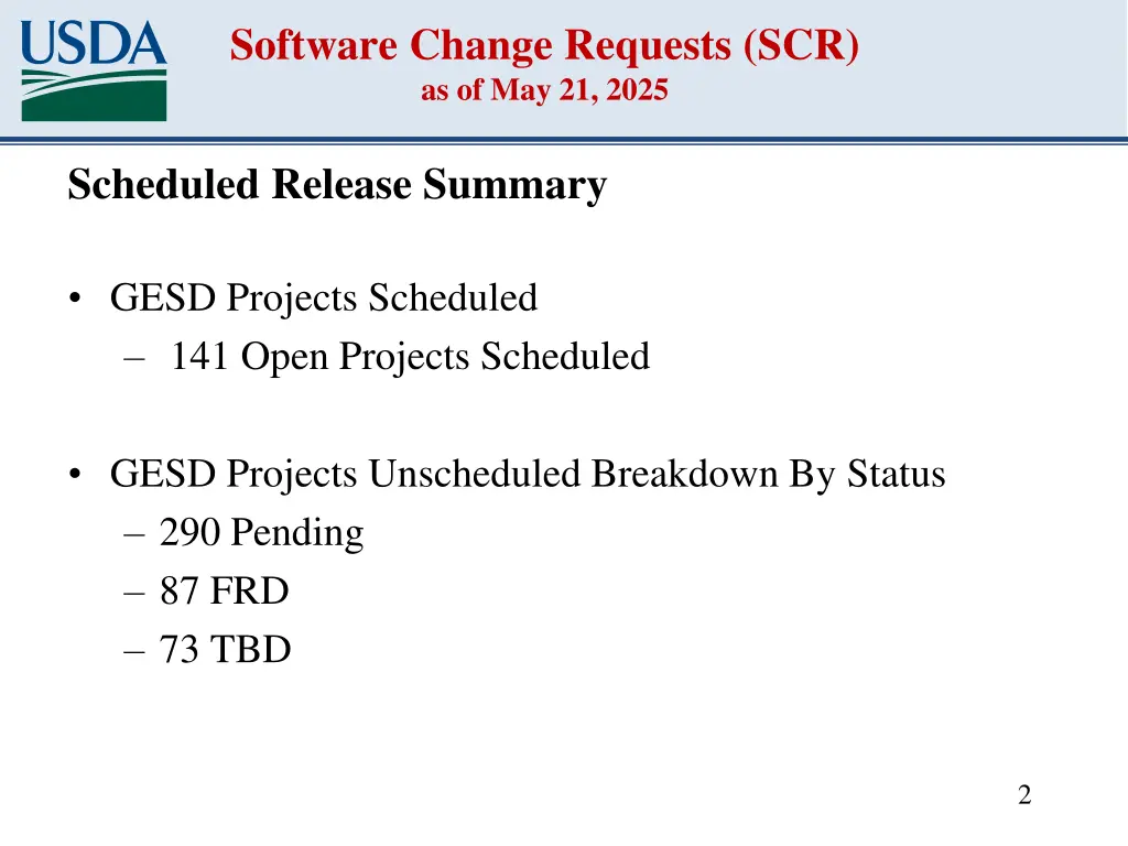 software change requests scr as of may 21 2025