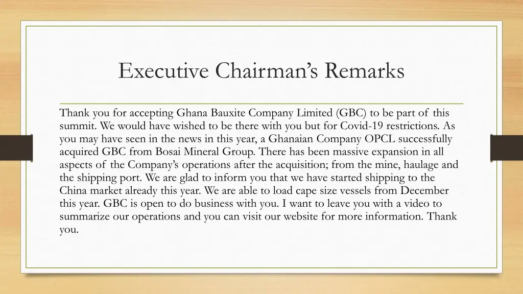 executive chairman s remarks