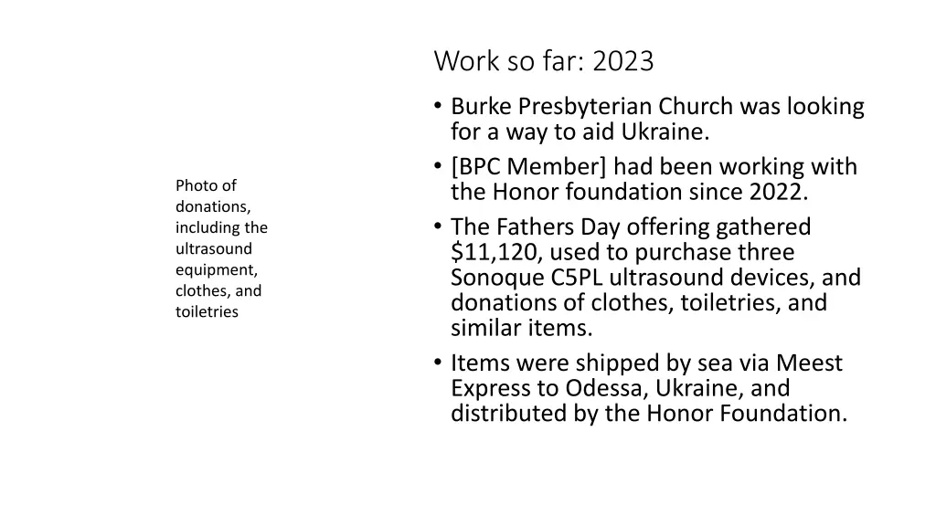 work so far 2023 burke presbyterian church