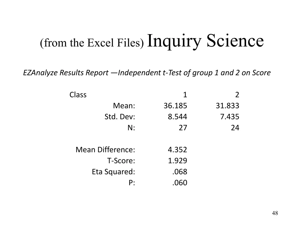 from the excel files inquiry science 1