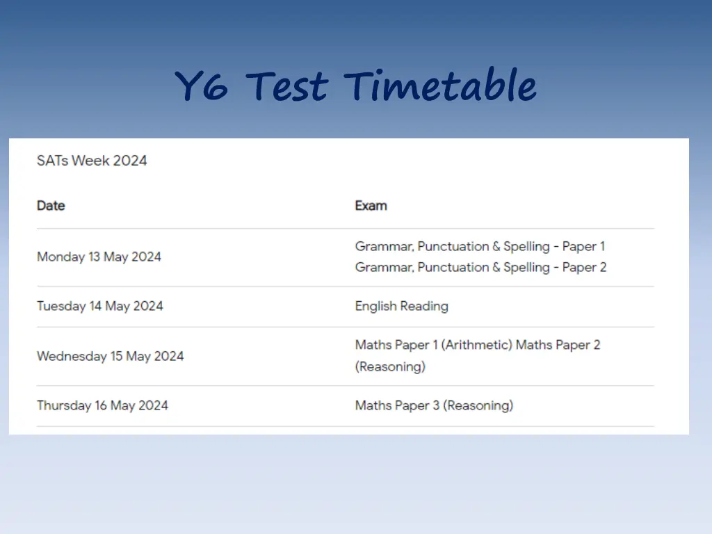 y6 test timetable