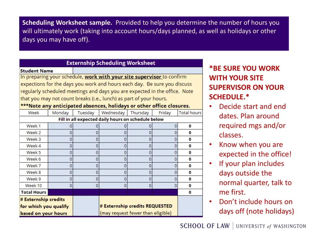 scheduling worksheet sample provided to help