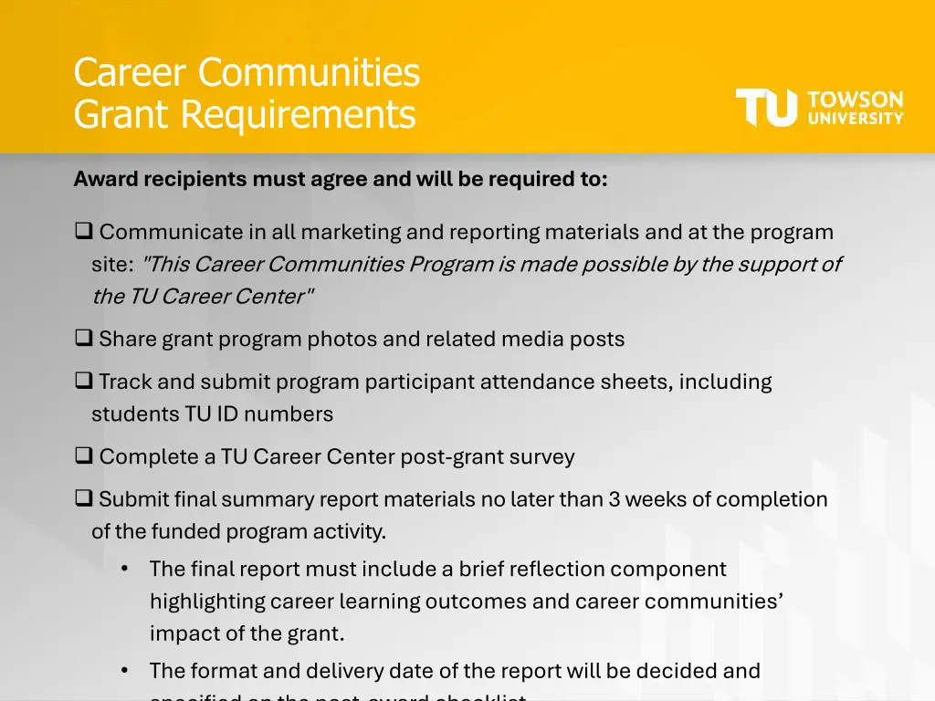 career communities grant requirements