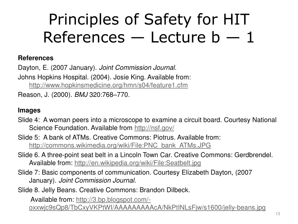 principles of safety for hit references lecture