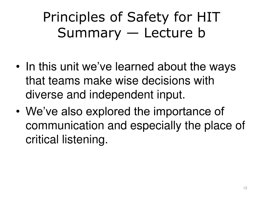 principles of safety for hit summary lecture b