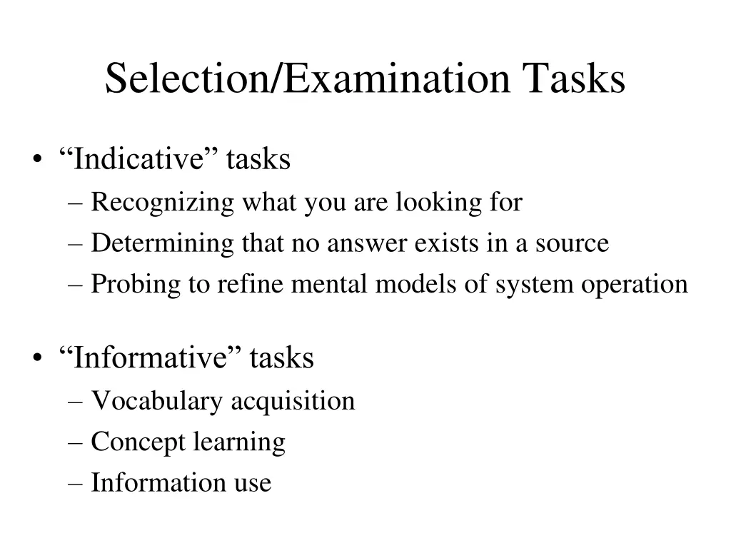 selection examination tasks
