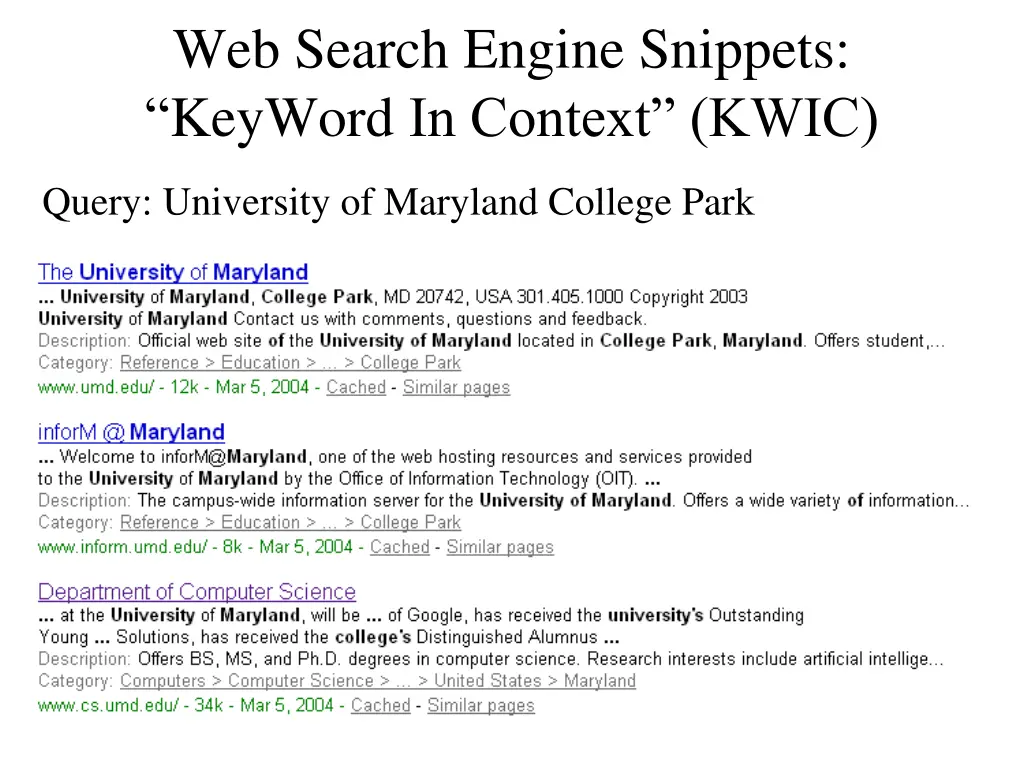 web search engine snippets keyword in context kwic