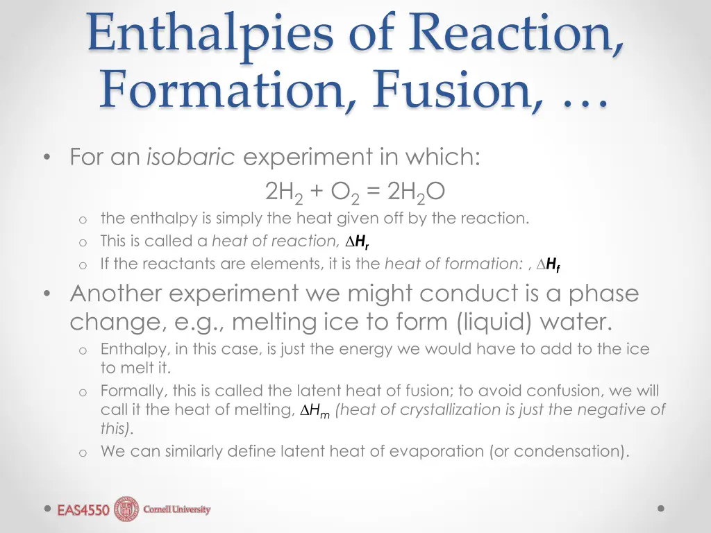 enthalpies of reaction formation fusion