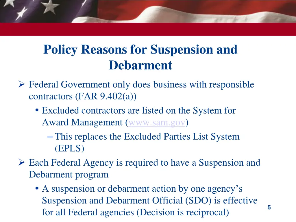 policy reasons for suspension and debarment