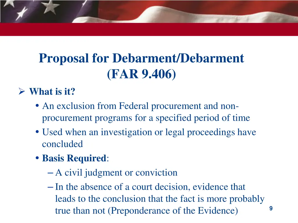 proposal for debarment debarment far 9 406 what