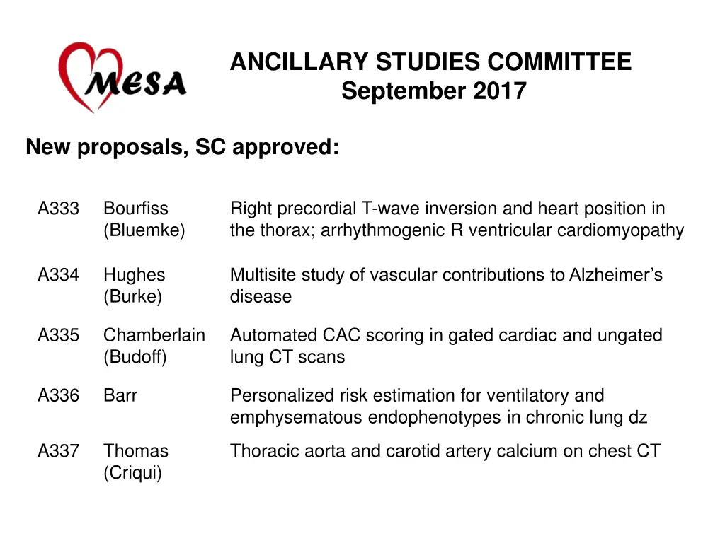 ancillary studies committee september 2017