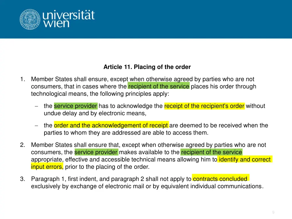 article 11 placing of the order