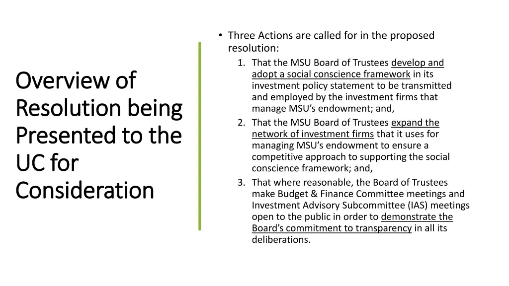 three actions are called for in the proposed