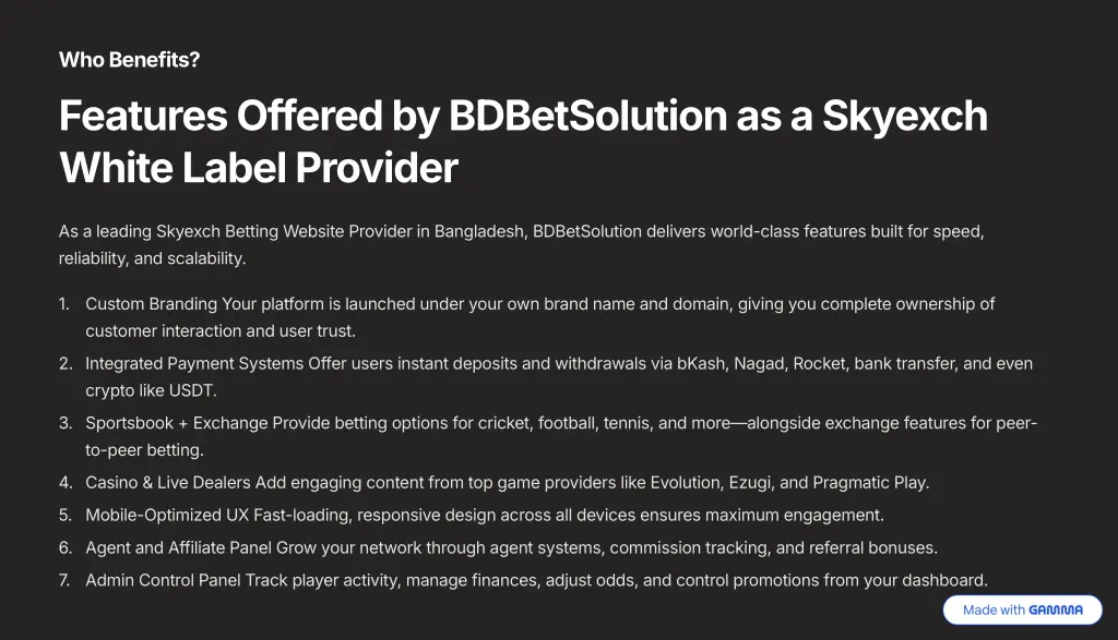 who benefits features offered by bdbetsolution