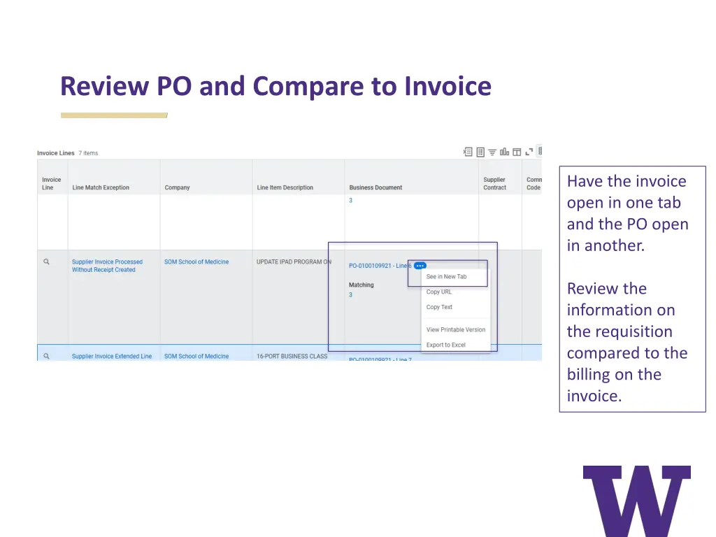 review po and compare to invoice