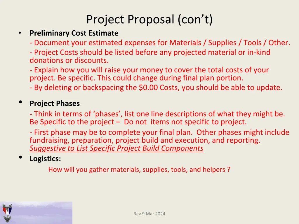 project proposal con t preliminary cost estimate