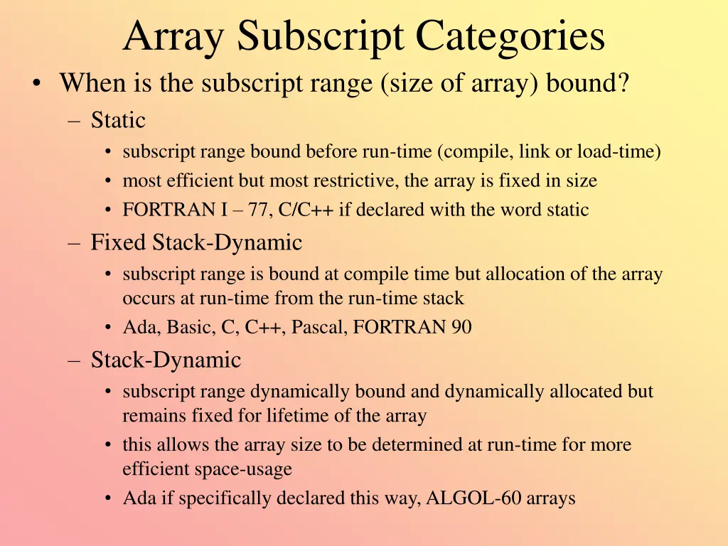 array subscript categories when is the subscript